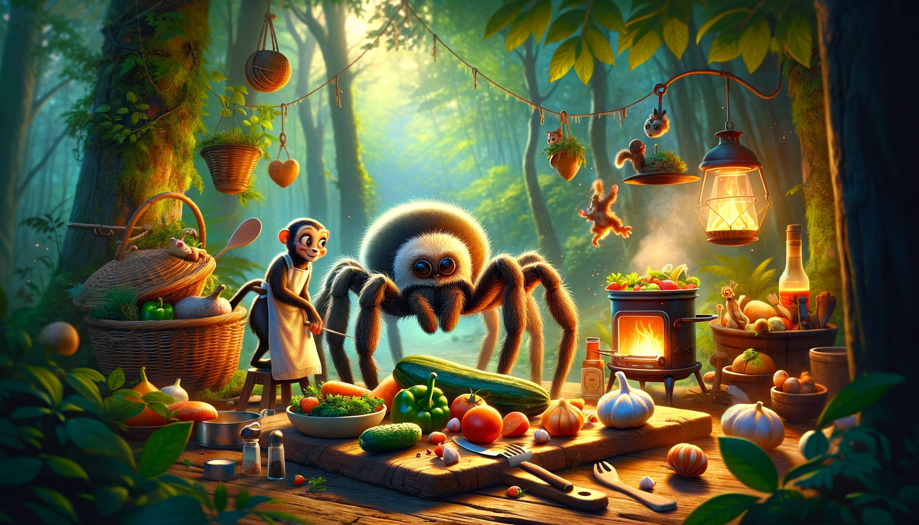 Das Bild zeigt Küwalda, die freundliche Spinne, und Petra, das lustige Äffchen, wie sie gemeinsam in der Küche stehen und kochen. Sie sind umgeben von frischem Gemüse, während sie lachen und Rezepte austauschen, was ihre beginnende Freundschaft symbolisiert.