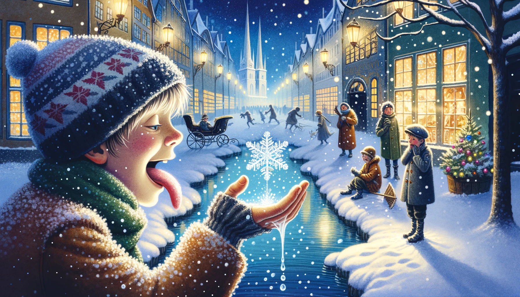 Das Bild fängt den berührenden Moment ein, in dem eine Schneeflocke auf der Zunge eines Kindes in Kopenhagen landet. Es zeigt eine zauberhafte, verschneite Stadtstraße, die mit der Wärme der Straßenlaternen und der Freude spielender Kinder beleuchtet wird, und vermittelt ein Gefühl der Erfüllung und des friedvollen Endes.