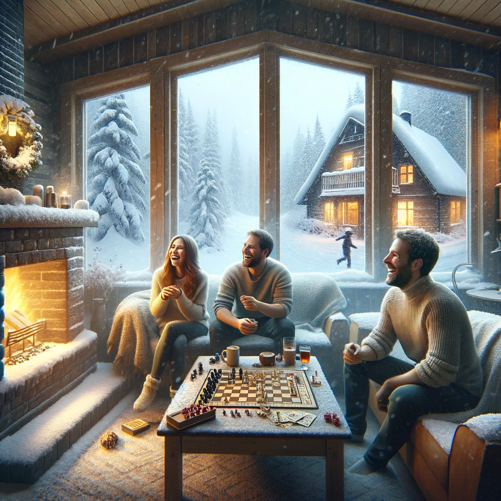 Das Bild zeigt die gemütliche Atmosphäre im Inneren von Sylvias Haus, wo die Freunde um einen Kamin versammelt sind, Spiele spielen und die Gesellschaft des anderen genießen. Draußen ist das Dorf unter einer Schneedecke begraben, was den Kontrast zwischen der warmen Inneneinrichtung und der kalten, schneebedeckten Außenwelt hervorhebt. Das Bild vermittelt ein Gefühl von Wärme, Freundschaft und der überraschenden Schönheit einer schneebedeckten Landschaft im Frühling.