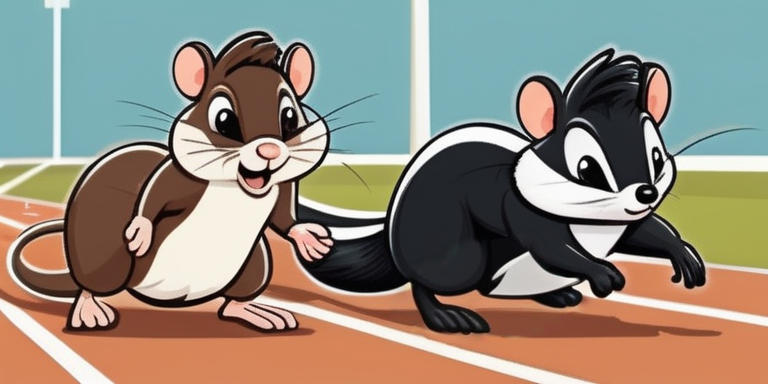 Cartoon einer braunen Maus und eines schwarz-weißen Stinktiers auf einer rot-braunen Rennbahn, beide bereiten sich auf den Start vor, glückliche Gesichter
