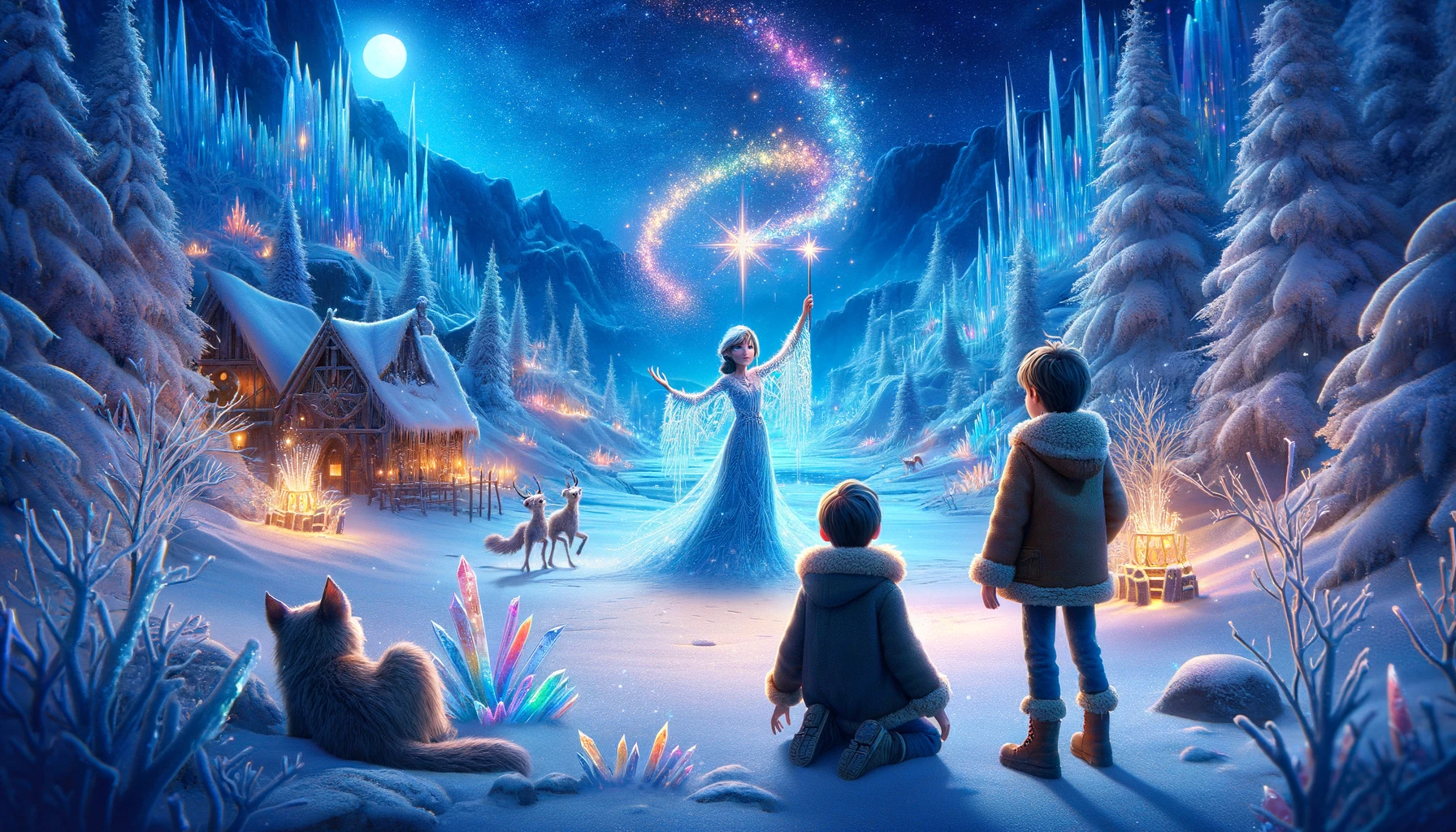 Das Bild fängt den zauberhaften Beginn ihrer Reise in die magische Welt von Winterbrück ein, wo Tom, Lino und Klara von der winterlichen Pracht und den leuchtenden Eiskristallen unter einem sternklaren Nachthimmel umgeben sind.
