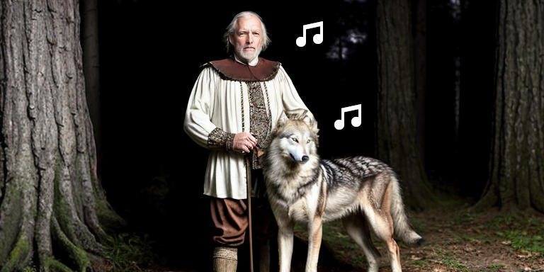 Ein Wald im dunkeln, ein alter Mann steht neben einem hellfarbenen Wolf, über dem Wolf schweben Musiknoten