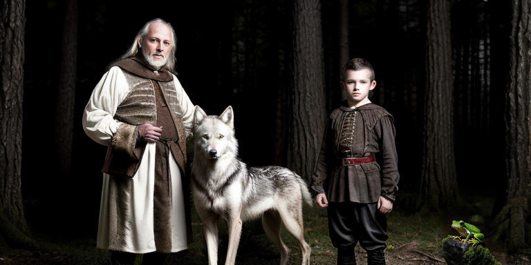 Ein Foto im dunklen Wald, links ein mittelalterlich gekleideter Mann, in der Mitte ein weißer Wolf, rechts ein Junge. Ganz rechts am Bildrand sitzt ein grüner Frosch