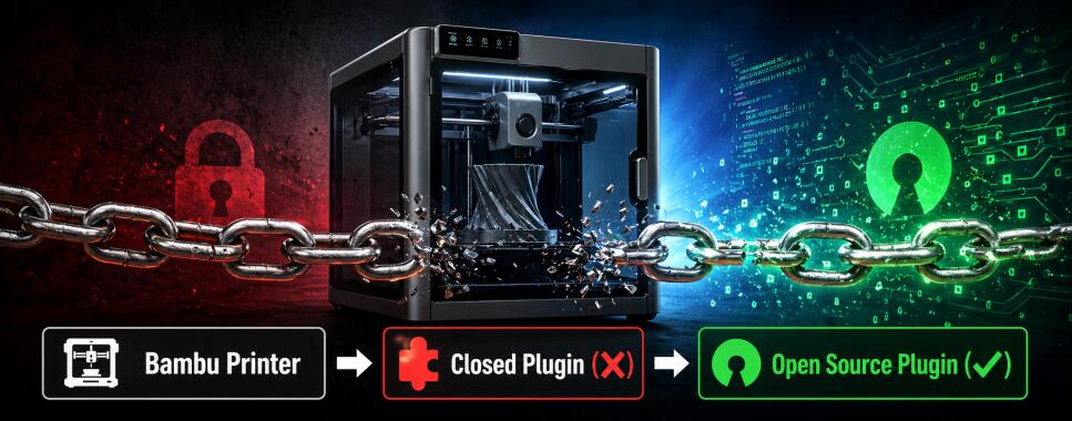 An infographic showing a Bambu 3D printer with a breaking chain in the foreground. It contrasts a red 'Closed Plugin' side with a green 'Open Source Plugin' side, illustrating the shift from proprietary to open-source software.