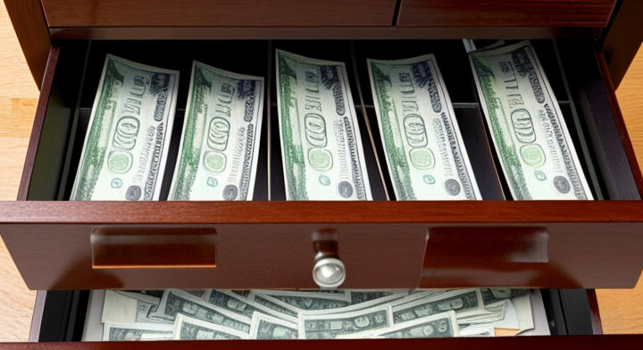 Symbol image of a wooden drawer filled with money