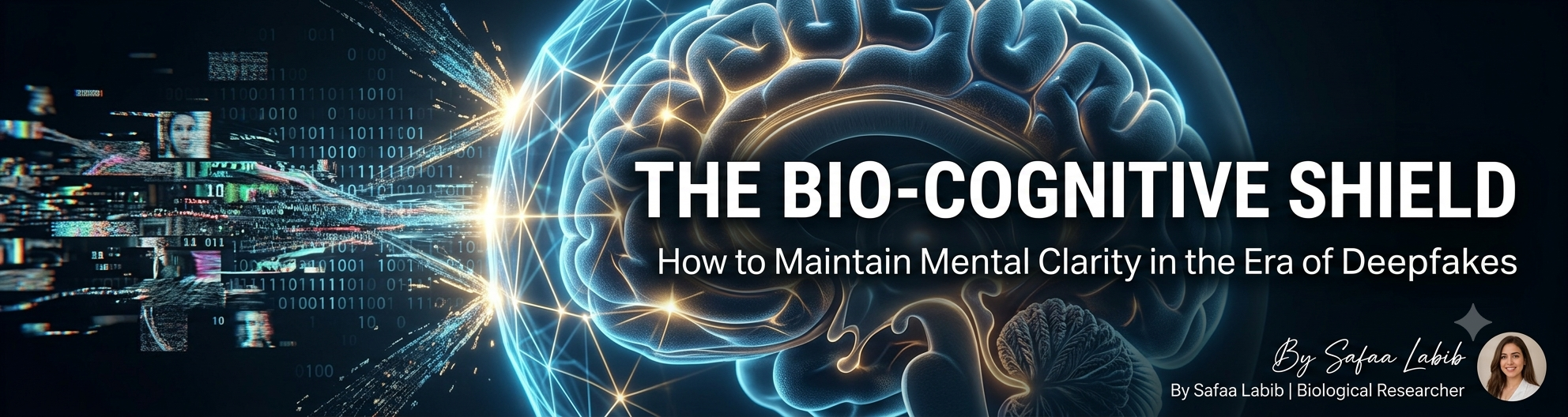 "A conceptual illustration of 'The Bio-Cognitive Shield' protecting the prefrontal cortex against synthetic media noise and deepfakes, by Safaa Labib."