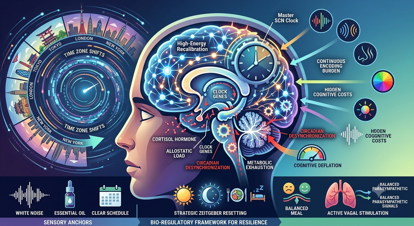 The Mobile Brain & Biological Adaptation.  A conceptual visual depicting the metabolic strain of environmental flux, circadian mismatch, and neural re-mapping in hyper-mobile lifestyles.