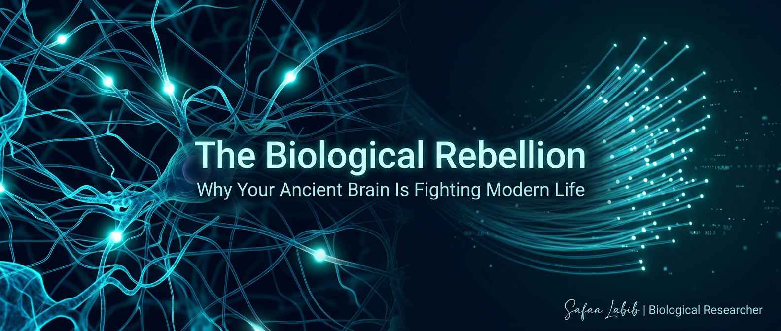 "A panoramic banner showing a glowing human brain transitioning into digital fiber-optic cables, titled 'The Biological Rebellion' and signed by Safaa Labib, Biological Researcher."