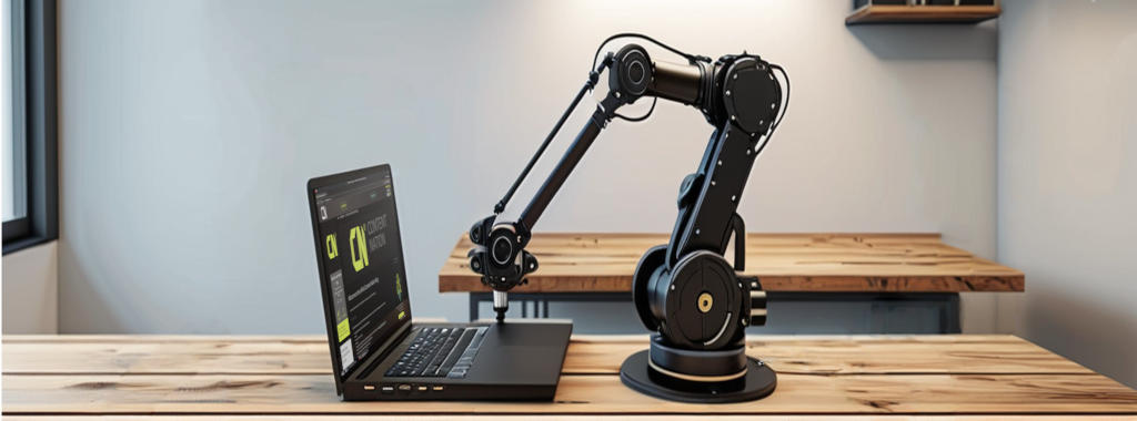 An industrial robot is controling a laptop